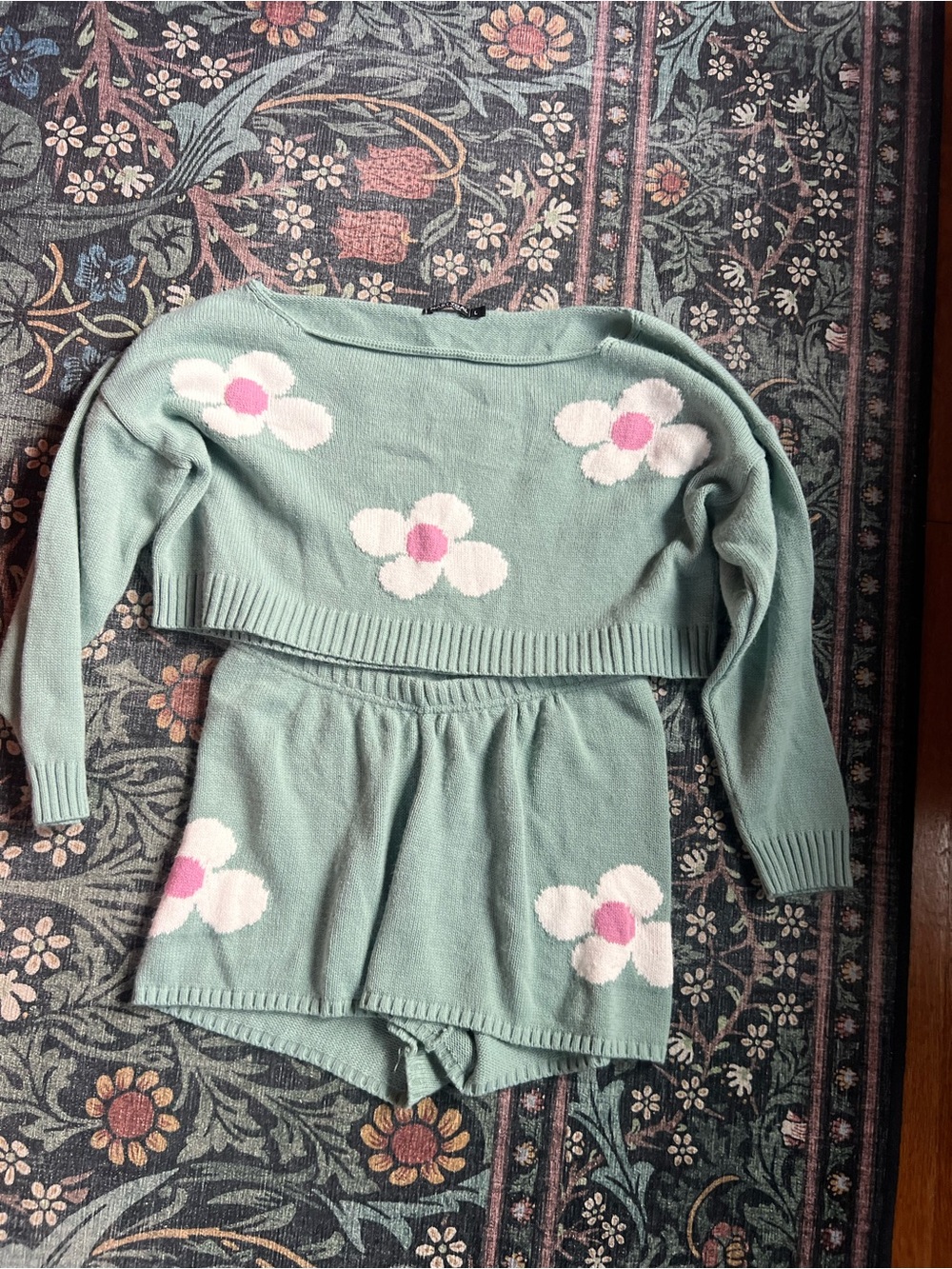 Nasty Gal Floral Knit Set in Green and Pink
